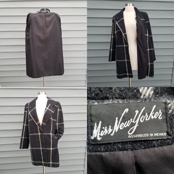 Vintage 70s Miss New Yorker Wool Blend? Windowpane Plaid Black and White Coat Lg - Picture 4 of 8